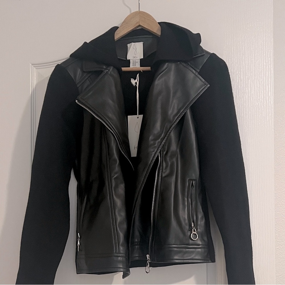 NWT Joie Black faux Leather Jacket with Knit Sleeves and hood